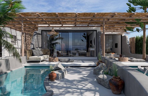 Perivolos House | Apocalypsis Suite | walk out Sea View patio with Private Heated Pool