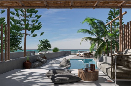 Perivolos House | Apocalypsis Suite | walk out Sea View patio with Private Heated Pool