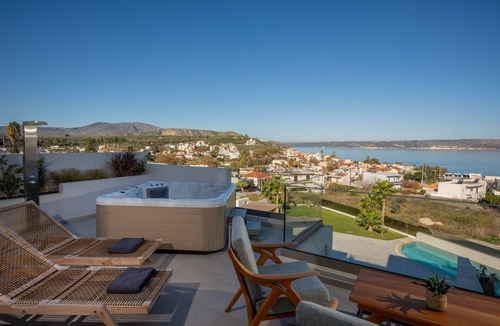 Kalyves Apartment | Rhadamanthus, AmphiMatrion Luxe Seaview Apt with private hot tub and shared pool