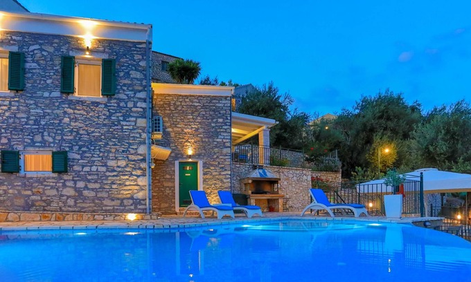 Kavalleraina Villa | Villa Regina: Beautiful stone villa with panoramic sea views located above Agni Bay in Corfu